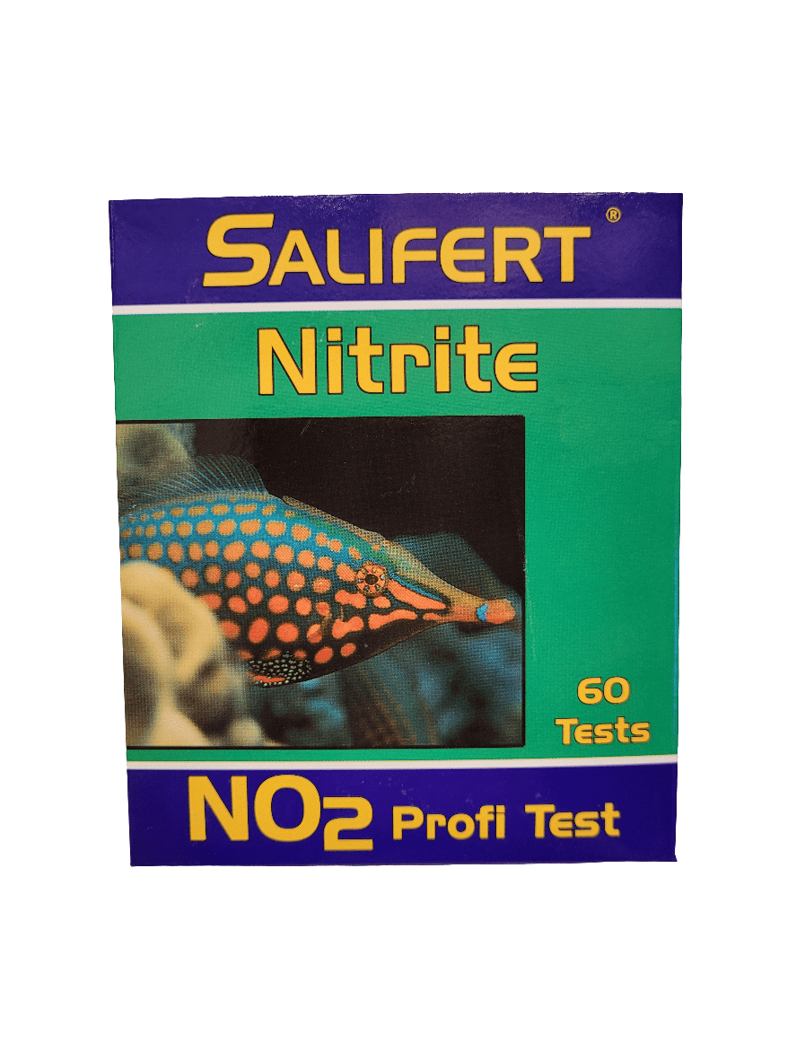 Image of a Salifert - Marine Nitrite Test Kit box. The packaging is blue and green with yellow text, featuring a picture of a colorful fish with an orange-spotted dark body. The kit contains 60 tests for measuring nitrite levels.