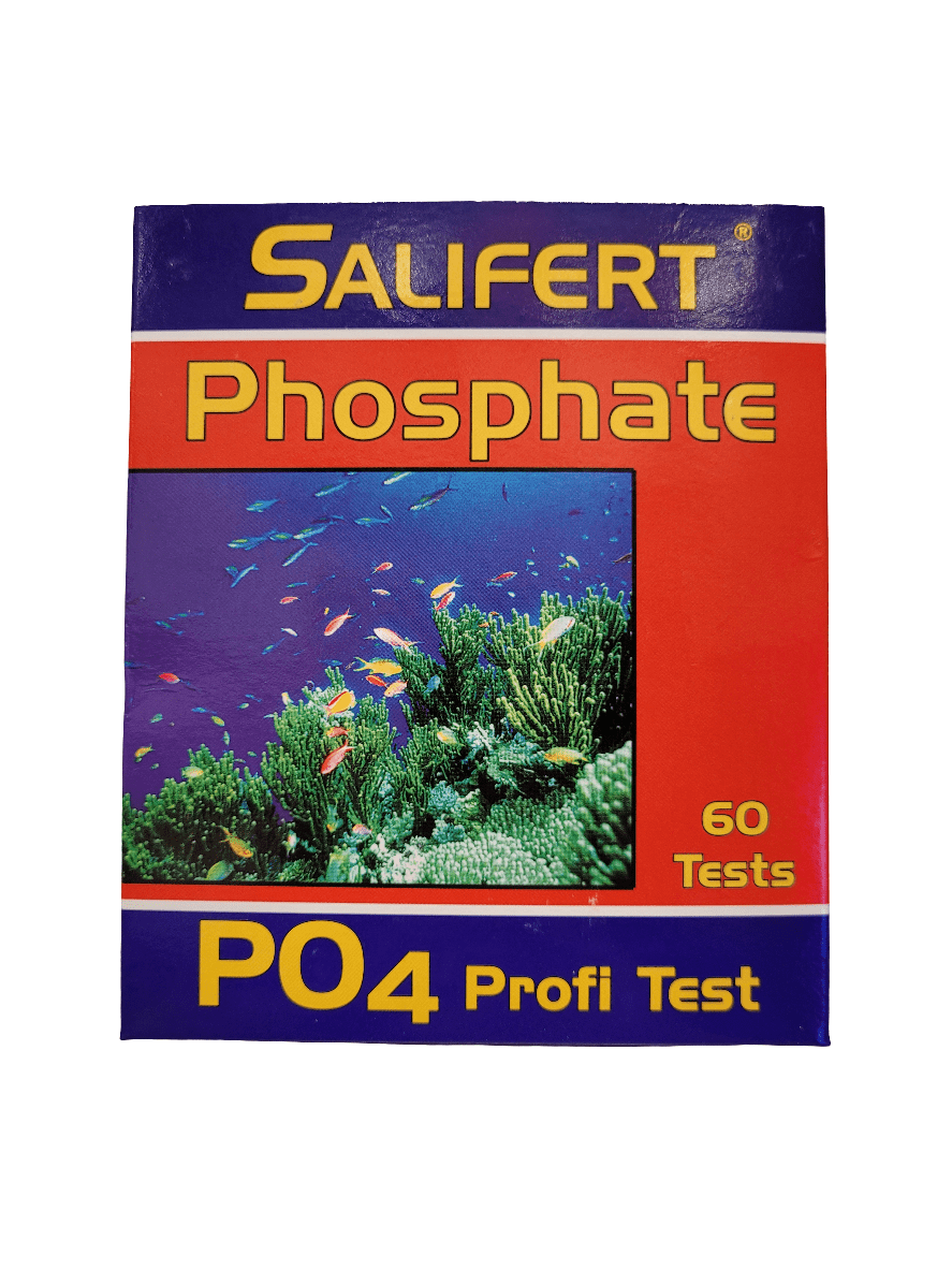 Package of Salifert - Marine Phosphate Test Kit - 60 Tests, showcasing an image of vibrant coral and fish underwater.