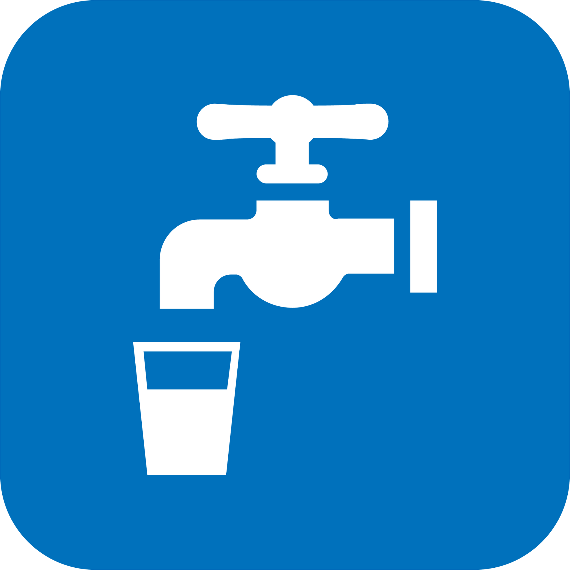 Icon of a white faucet pouring water into a glass, set against a blue background. This symbol often signifies the availability of clean drinking water, similar to using Salt Water - Premixed - Instant Ocean - 10gal for aquatic needs.