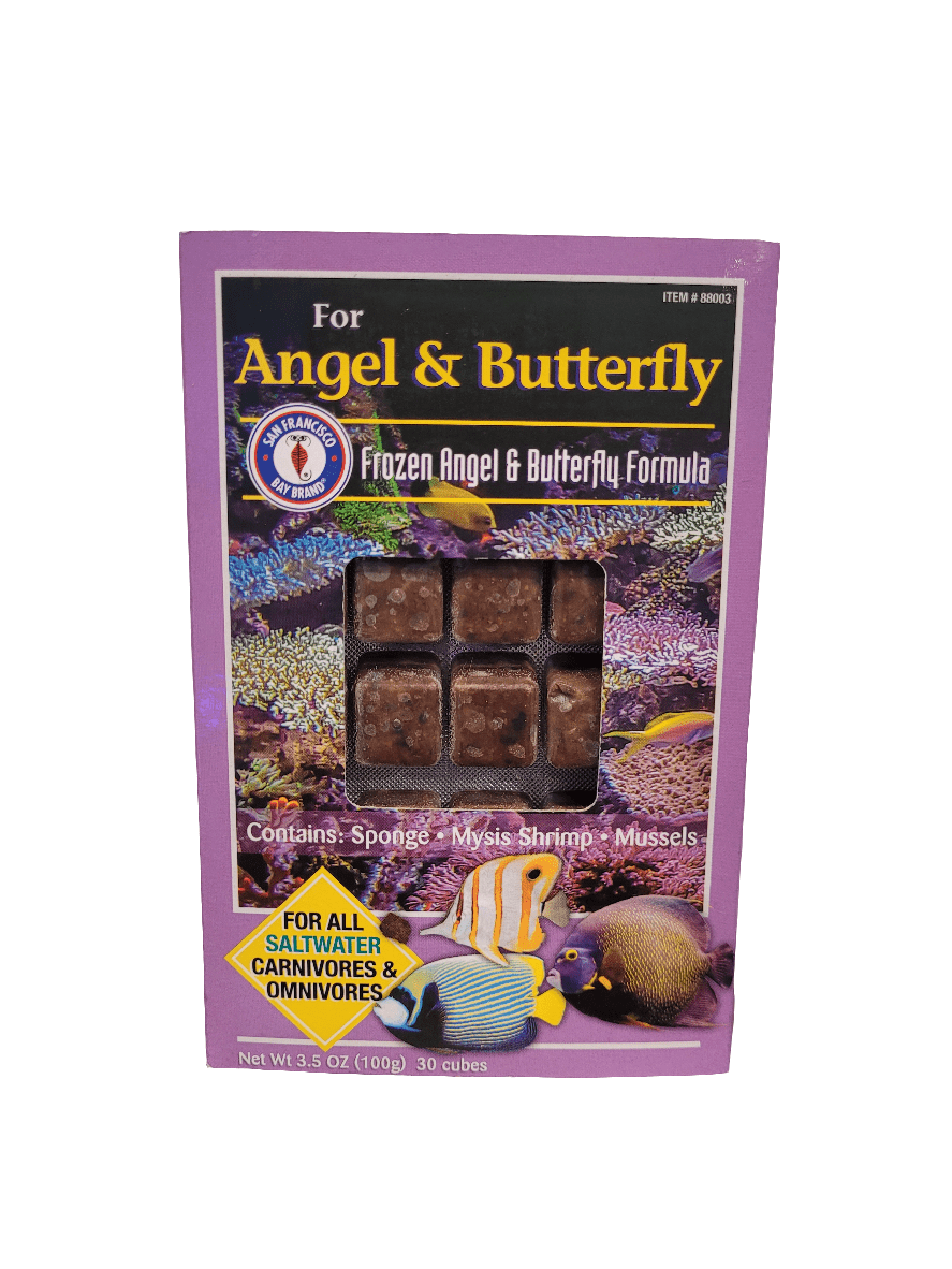 A purple package of San Francisco Bay - Frozen Angel & Butterfly Formula Cubes (3.5oz) featuring images of colorful fish and coral reefs. It contains sponge, mysis shrimp, and mussels, specifically designed for saltwater carnivores and omnivores.