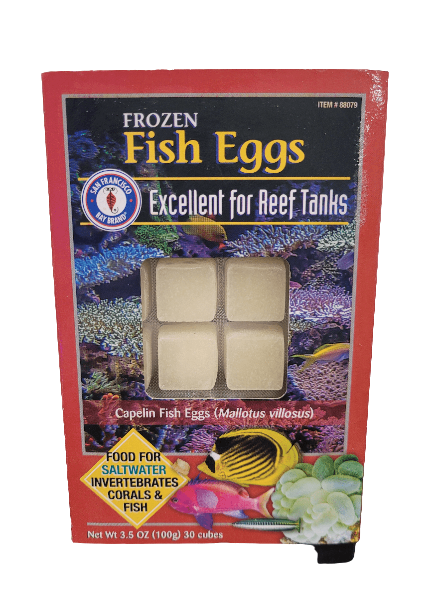 San Francisco Bay's Frozen Fish Eggs Cubes come in a 3.5 oz (100g) package with 30 individual cubes, featuring a vibrant reef background design. The packaging highlights its suitability for reef tanks and compatibility with saltwater invertebrates, corals, and fish, containing nutritious capelin fish eggs.