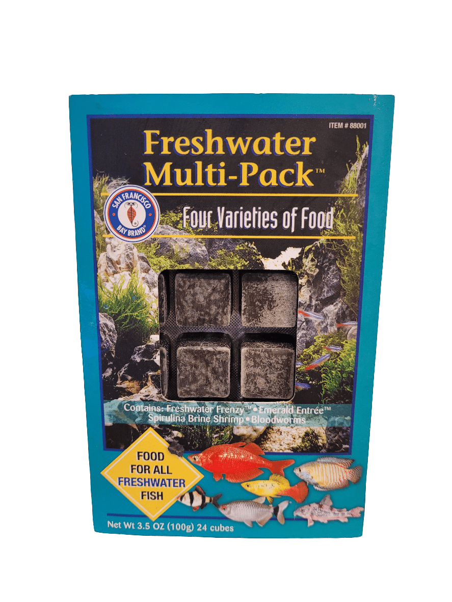 Image of the San Francisco Bay - Frozen Freshwater Multi Pack Cubes. The package features four types of frozen food cubes specifically for freshwater fish and displays vibrant illustrations of fish along with details about the product's contents and weight (3.5 oz) on the front.