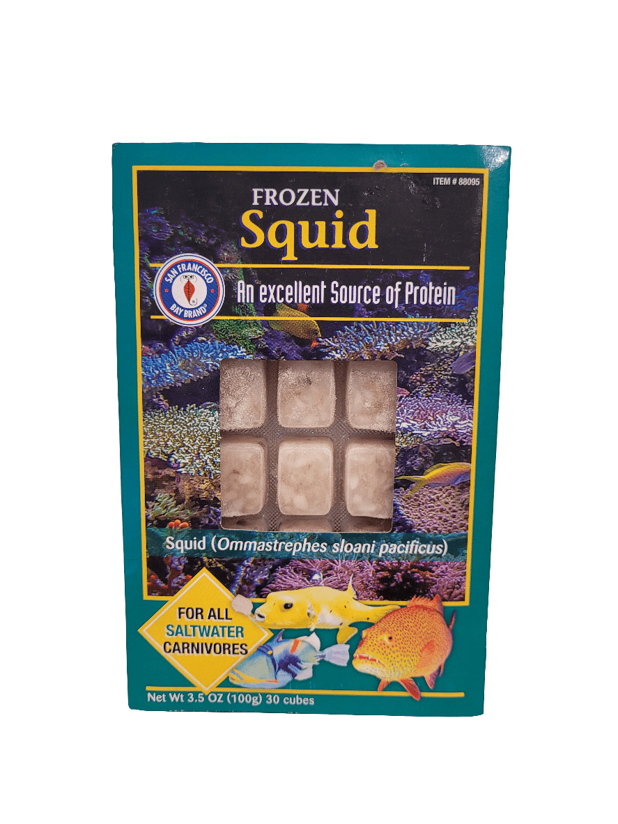 A package of San Francisco Bay Frozen Squid Cubes, weighing 3.5 oz, contains six squid cubes for saltwater carnivores. The packaging features the text "An excellent source of protein" with images of fish and coral, as well as a logo affirming its tested purity and quality.