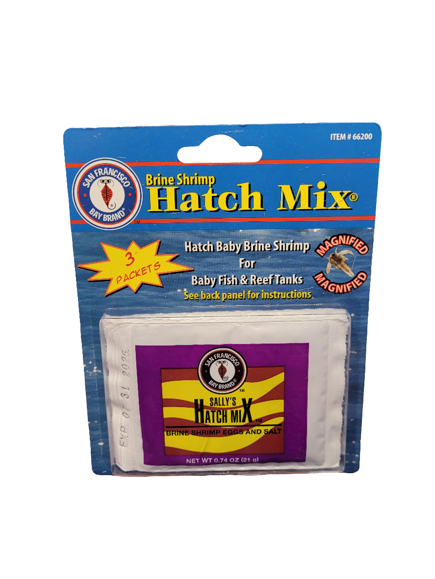 San Franciscos Brine Shrimp Hatch Mix, designed for baby fish and reef tanks, comes in a package containing 3 packets.