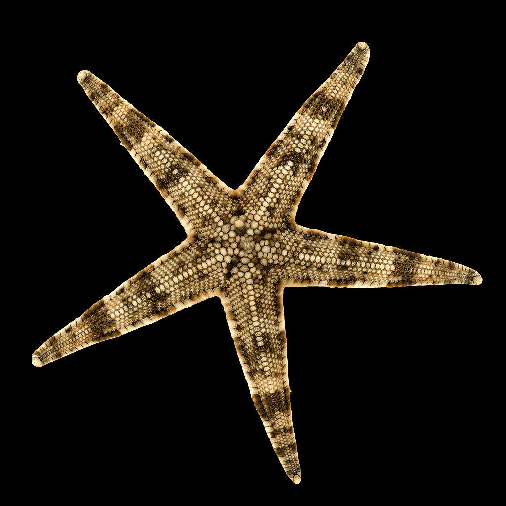 Close-up of an Archaster typicus, known as the Sand Sea Star, showcasing its textured surface and a pattern of brown and beige hues against a black background, evoking an aquarium-like clean environment. This exquisite starfish features five arms and a symmetrical design.