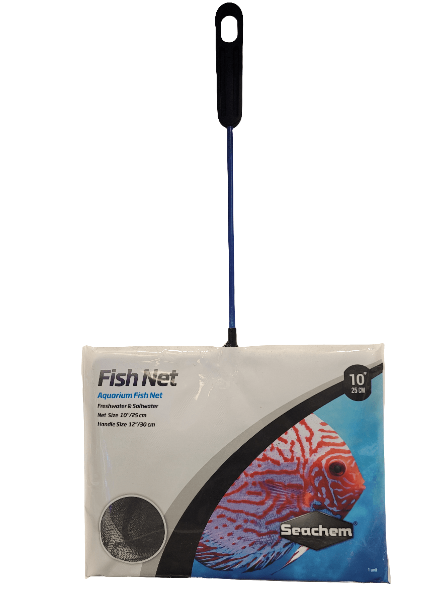 Packaging of the Seachem 10" Net showcases a black handle and a net size of 10 inches (25 cm). The package features an image of a colorful fish along with additional product information.