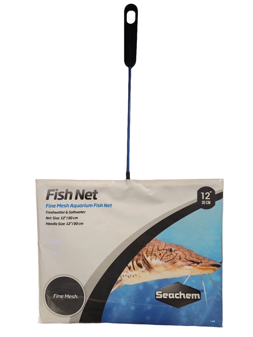 The Seachem - 12" Net packaging features a black handle and displays an image of a fish along with text indicating it's a fine mesh net suitable for both freshwater and saltwater, measuring 12 inches (30 cm).