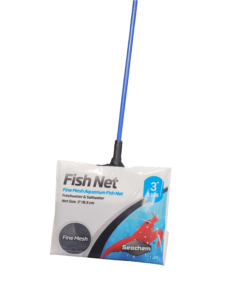 The Seachem - 3" Fine Mesh Net features a blue handle and is suitable for both freshwater and saltwater aquariums. It includes a fine mesh with a net size of 3 inches (7.6 cm) and comes packaged in a clear plastic cover with product branding.