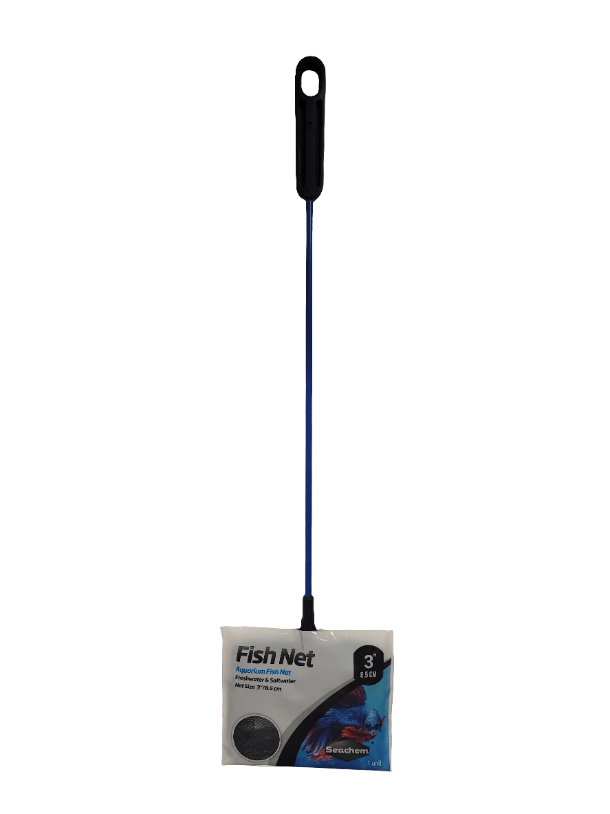 A Seachem - 3" Net, featuring a black handle and a blue frame ideal for aquariums, is positioned vertically on a white background with the packaging still attached displaying product details.