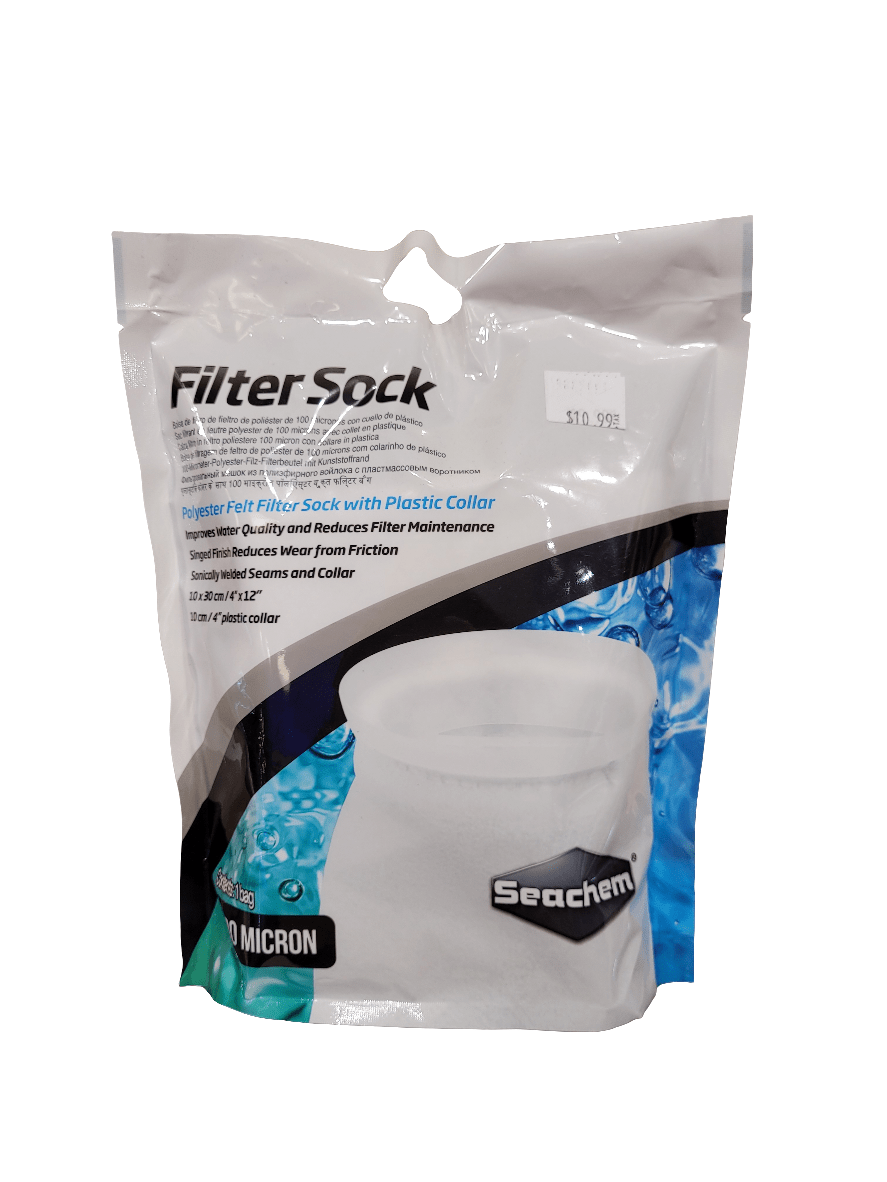 A package from Seachem, featuring a white Filter Sock with blue accents, displays a 4-inch polyester felt filter sock with a plastic collar. The packaging emphasizes features such as enhanced filtering and improved seams. It is priced at $10.99 and specifies the filter to have 100-micron filtration and a length of 12 inches.