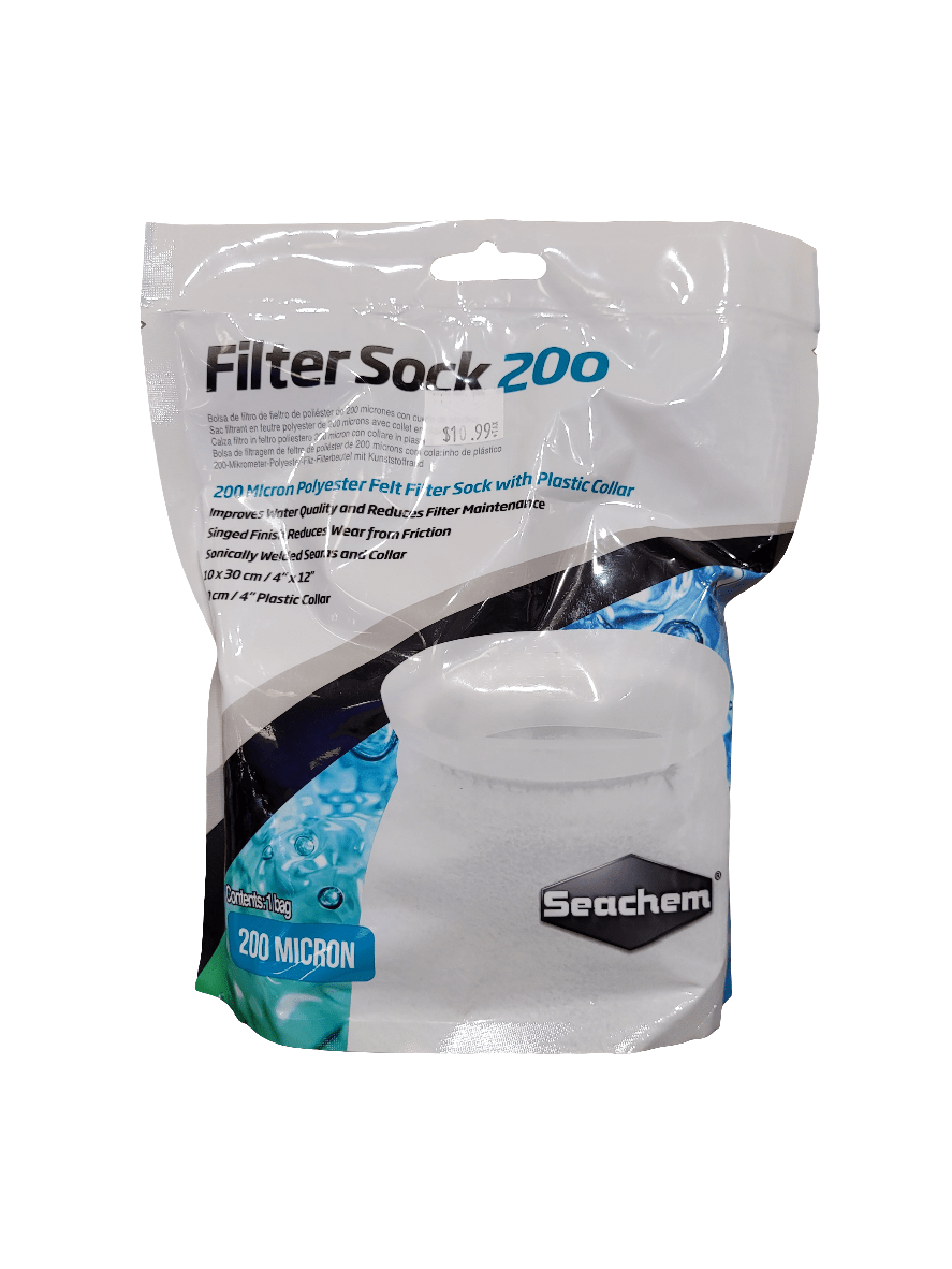 The packaging of the Seachem - 4" Filter Sock - 200 Micron - 12" length features a clear bag containing the product. The label describes it as a 200-micron polyester felt filter sock with a plastic collar, designed to enhance water quality and decrease tank maintenance.