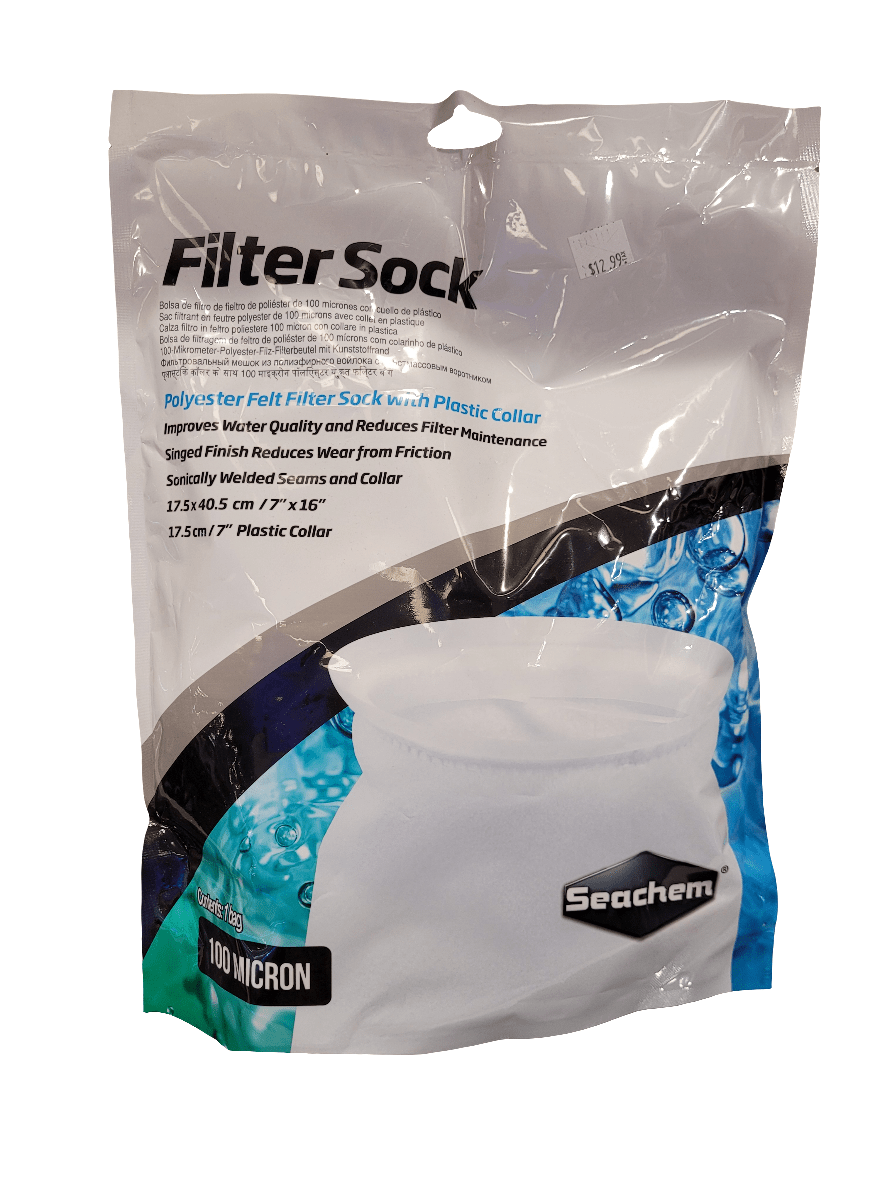 The image displays a Seachem 7" Filter Sock featuring a 16" length and 100-micron mesh, complete with a plastic collar. The packaging emphasizes benefits such as enhanced water quality, decreased maintenance efforts, and minimized wear. The price is marked at $12.99.