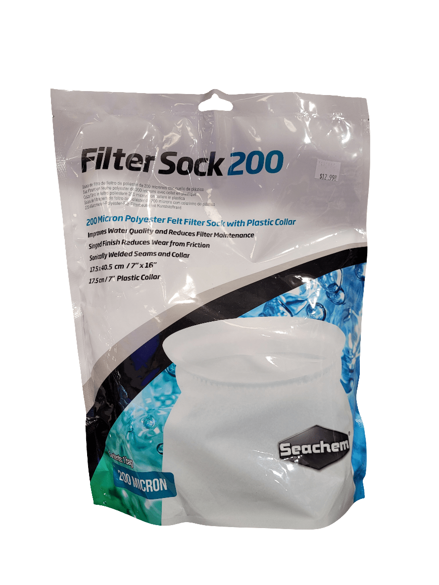 Image of the Seachem - 7" Filter Sock - 200 Micron package. The package displays a picture of the white, polyester felt filter sock with a plastic collar, specifically designed for aquarium filtration. The text emphasizes the product features and includes its 16-inch length dimension.