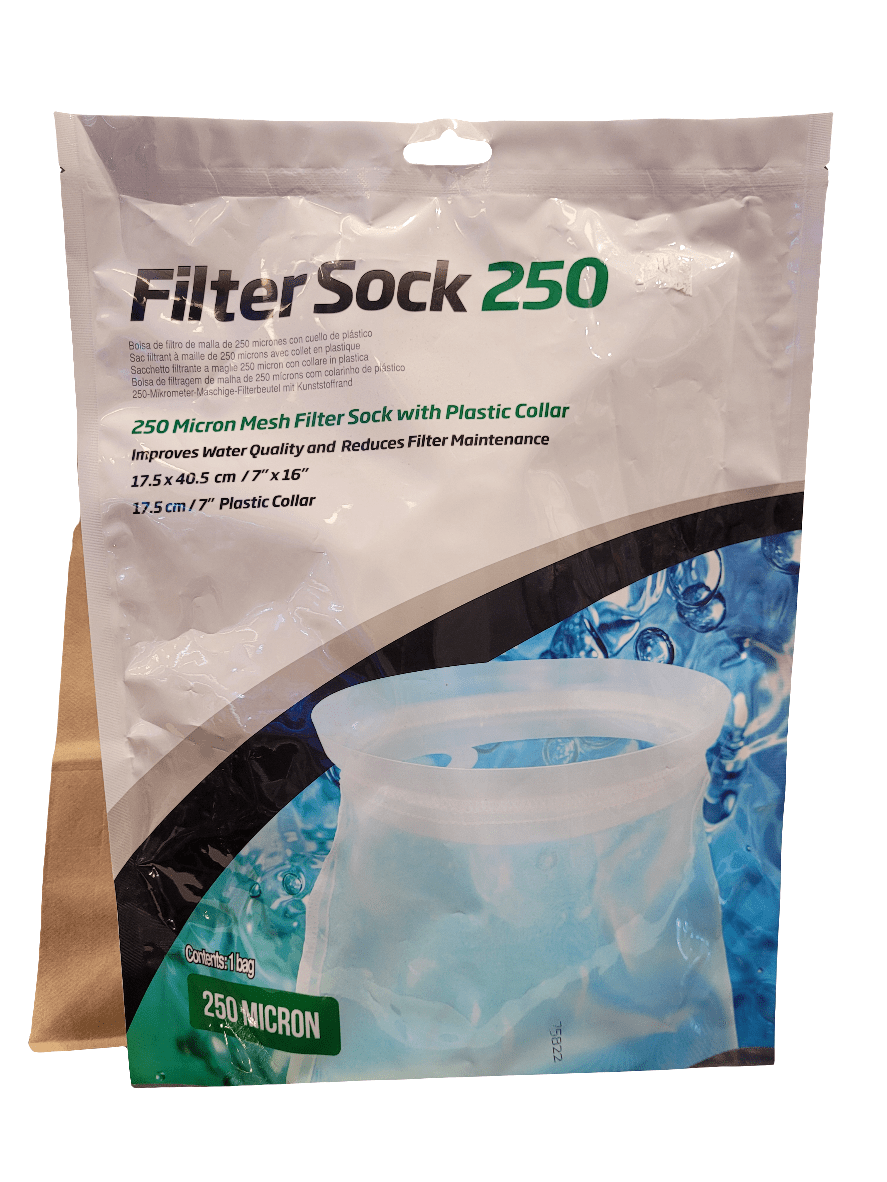 The packaging of the Seachem - 7" Filter Sock - 250 Microns - 16" length showcases a filter sock with a plastic collar, featuring enhancements such as improved water quality and reduced filter maintenance, with dimensions of 17.5 x 40.5 cm (7 x 16 inches).