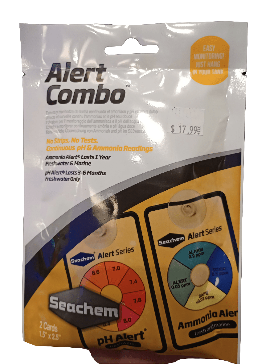 The Seachem - Alert Combo is a sealed package that includes pH and ammonia alerts designed for aquarium monitoring. The packaging emphasizes easy installation with continuous readings, making it suitable for both freshwater and marine tanks. The price is marked at $17.99.