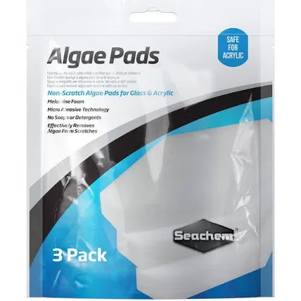 Seachem - Algae Pads 3 Pack packaging is marked Safe for Acrylic and features the product name. It highlights micro abrasive technology for effective algae removal without scratching glass or acrylic surfaces.