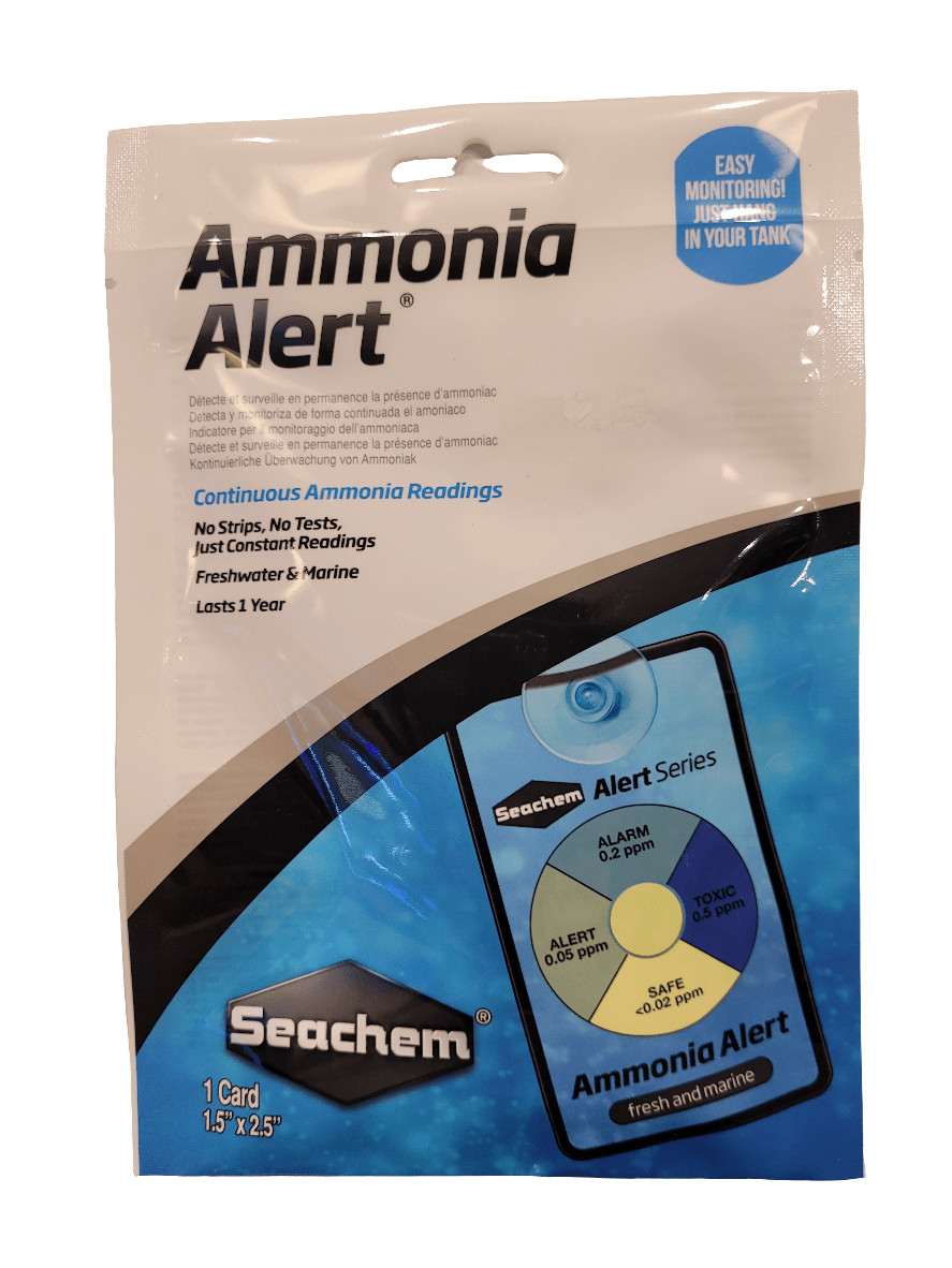 Image of the Seachem - Ammonia Alert Badge packaging for freshwater and marine tanks, showcasing a circular alert system with blue and yellow color codes to indicate safe, alert, alarm, and toxic ammonia levels. The packaging emphasizes easy monitoring and a lifespan of 1 year.