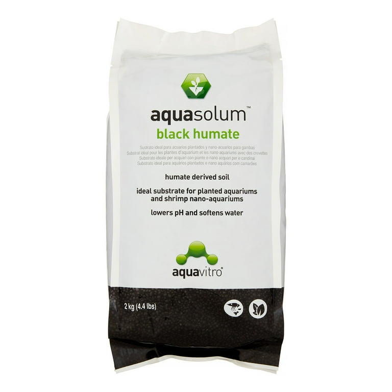 Aquavitro Aquasolum Black Humate, a 4.4 lbs bag of humate-derived soil for planted and shrimp nano-aquariums, is designed to lower pH and soften water.