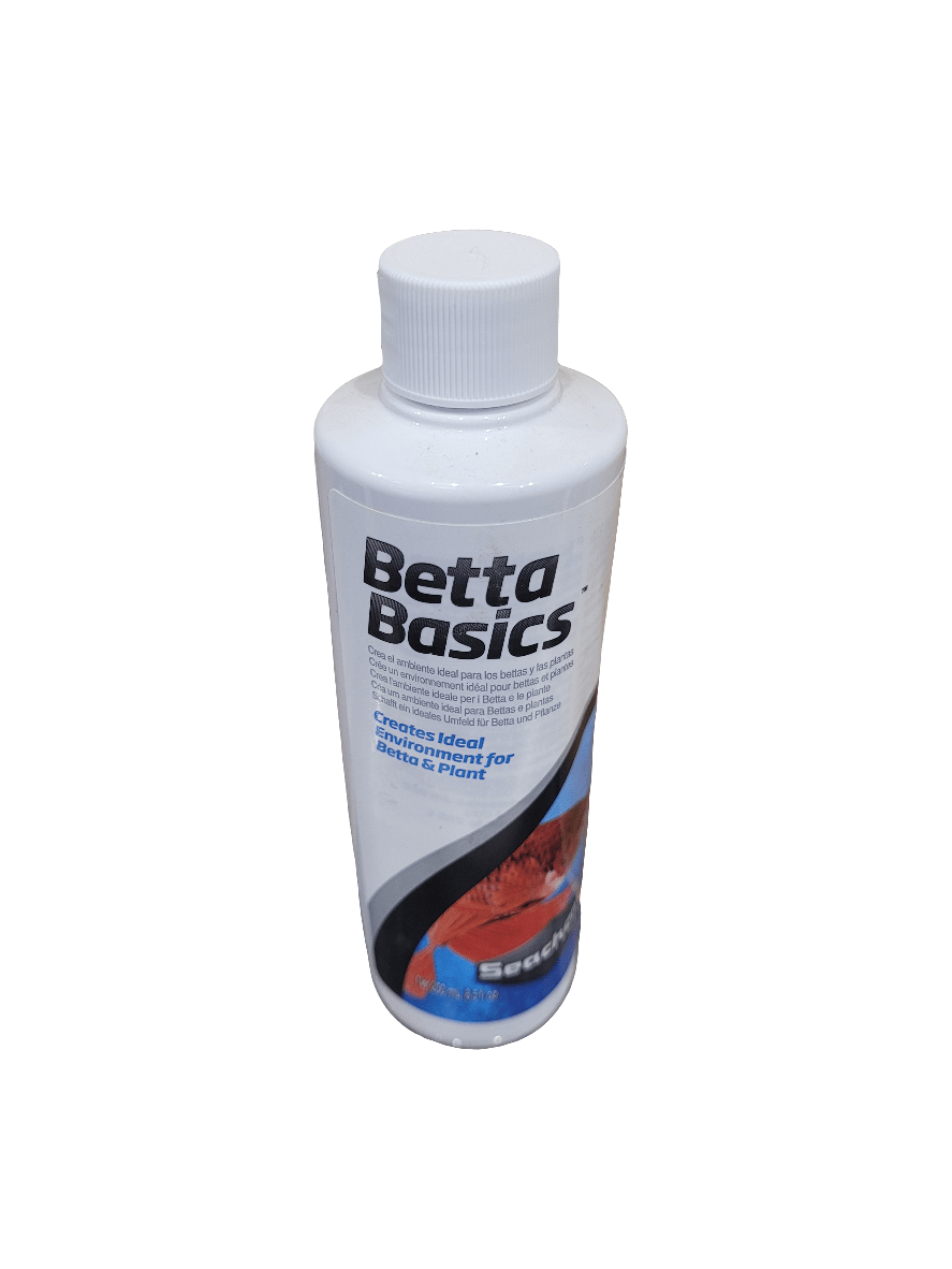 A white plastic bottle of Seachem's Betta Basics water conditioner, specifically designed for betta fish, featuring the product name, an image of a betta fish, and text highlighting its benefits for maintaining an ideal aquatic environment.