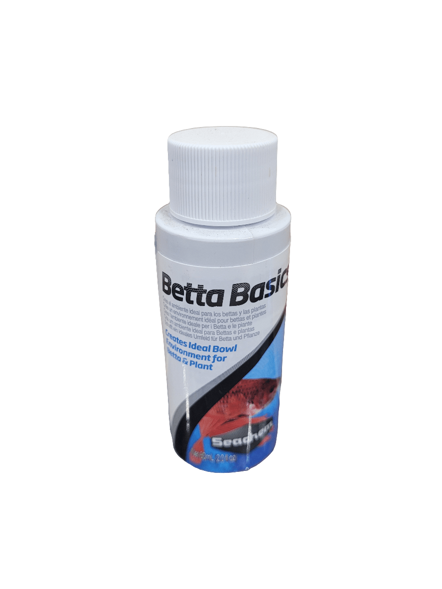 A compact white bottle marked "Seachem - Betta Basics - 60ml," featuring a blue and red design on the label, intended for fish and plant care.