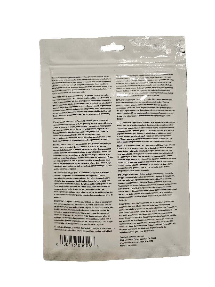 The Seachem - Catappa Leaves - 12 Pack comes in a white packet adorned with text in various languages, likely providing details about the product and instructions for use of natural botanicals. At the bottom of the packet, you will find a barcode, while the top is designed with a cut-out suitable for hanging on a display rack.