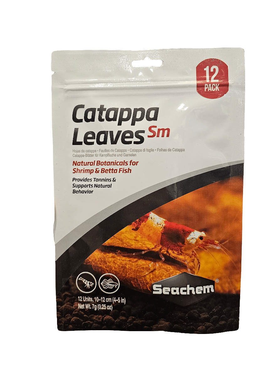 The Seachem - Catappa Leaves - 12 Pack contains 12 small leaves specifically designed for betta fish and shrimp, providing natural botanicals rich in tannins to promote natural behavior. The packaging features a vibrant image of shrimp and has a total weight of 7g (0.25 oz).