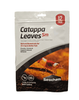 The Seachem - Catappa Leaves - 12 Pack contains 12 small leaves specifically designed for betta fish and shrimp, providing natural botanicals rich in tannins to promote natural behavior. The packaging features a vibrant image of shrimp and has a total weight of 7g (0.25 oz).