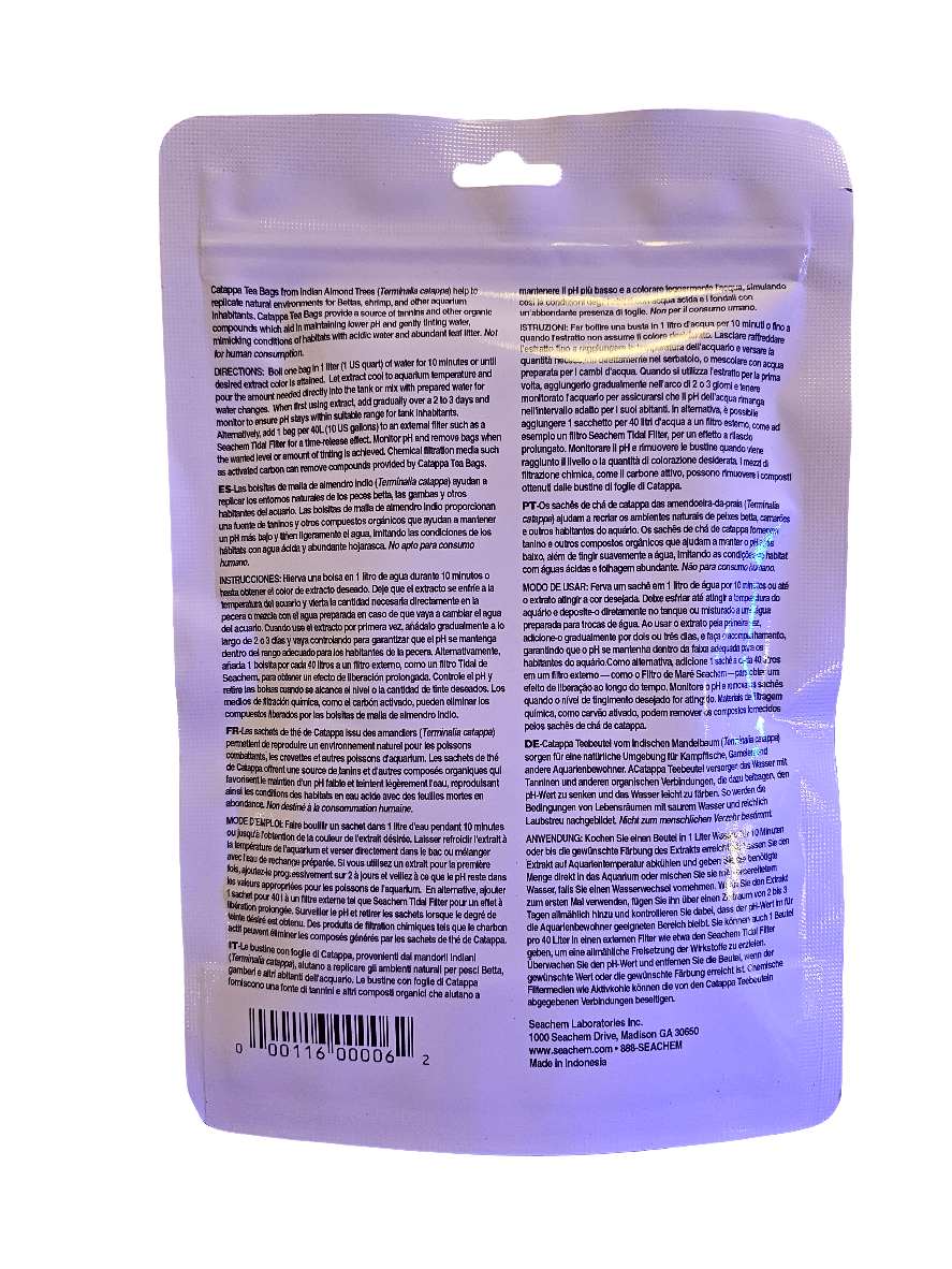 The Seachem Catappa Tea Bags package features text in both English and Spanish. The front of the package emphasizes details about the botanicals used, along with their uses, directions, and ingredients. The bottom includes a barcode and the company address located in Los Angeles, CA.