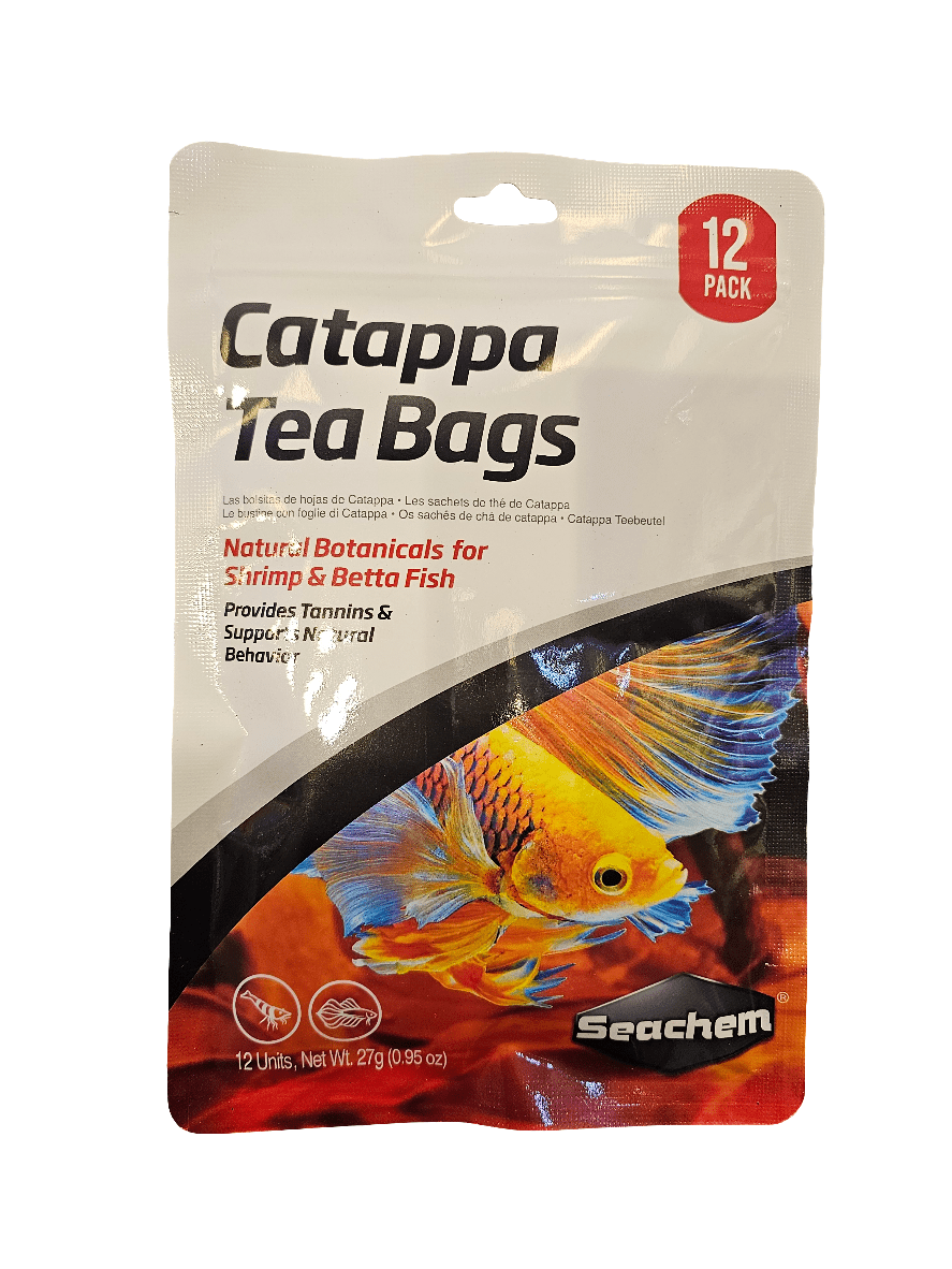 Seachem - Catappa Tea Bags - 12 pack, accompanied by an image of a vibrant fish, are perfect for shrimp and betta fish. These tea bags promote natural behavior and provide tannins for aquatic pets.