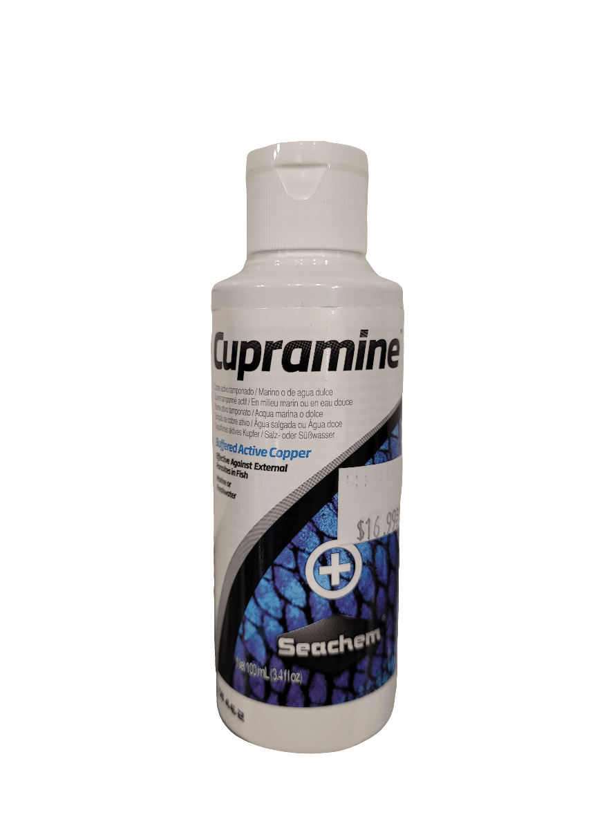 A 100ml bottle of Seachem Cupramine is priced at $16.99, featuring a blue-patterned label that describes it as a concentrated copper treatment for aquarium use.