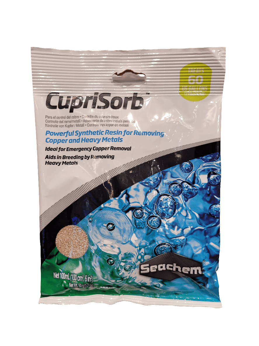 A package of Seachem - Cuprisorb - 100ml, a highly effective synthetic resin designed to eliminate copper and heavy metals from water. The front of the package features an underwater scene with bubbles, weighing 100 mL (4.1 fl. oz.) and capable of treating up to 60 gallons.