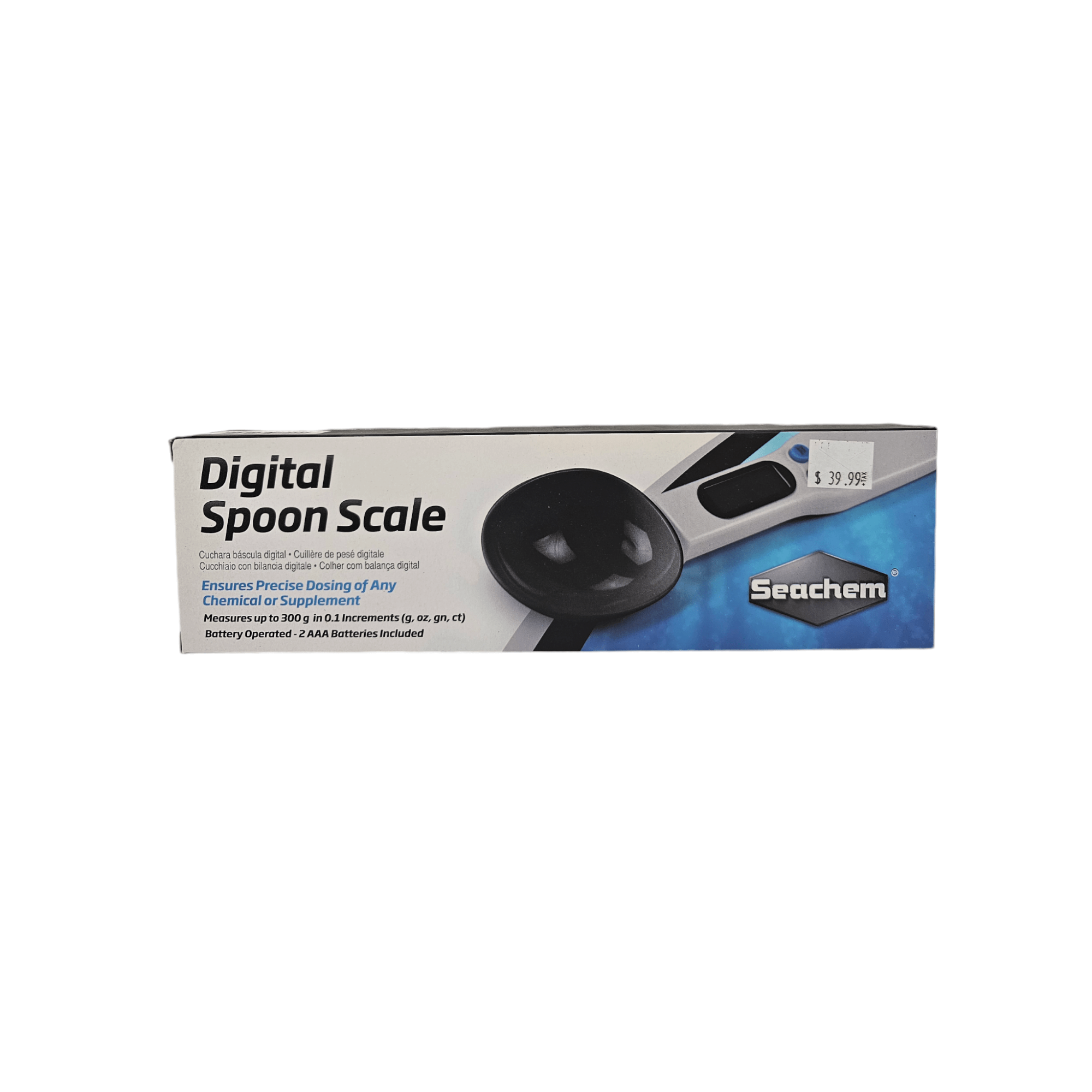 Box of the Seachem - Digital Spoon Scale, featuring a black measuring spoon and an easy-to-read digital display. The packaging emphasizes its precision in measuring chemicals or supplements, with a clearly visible price tag.