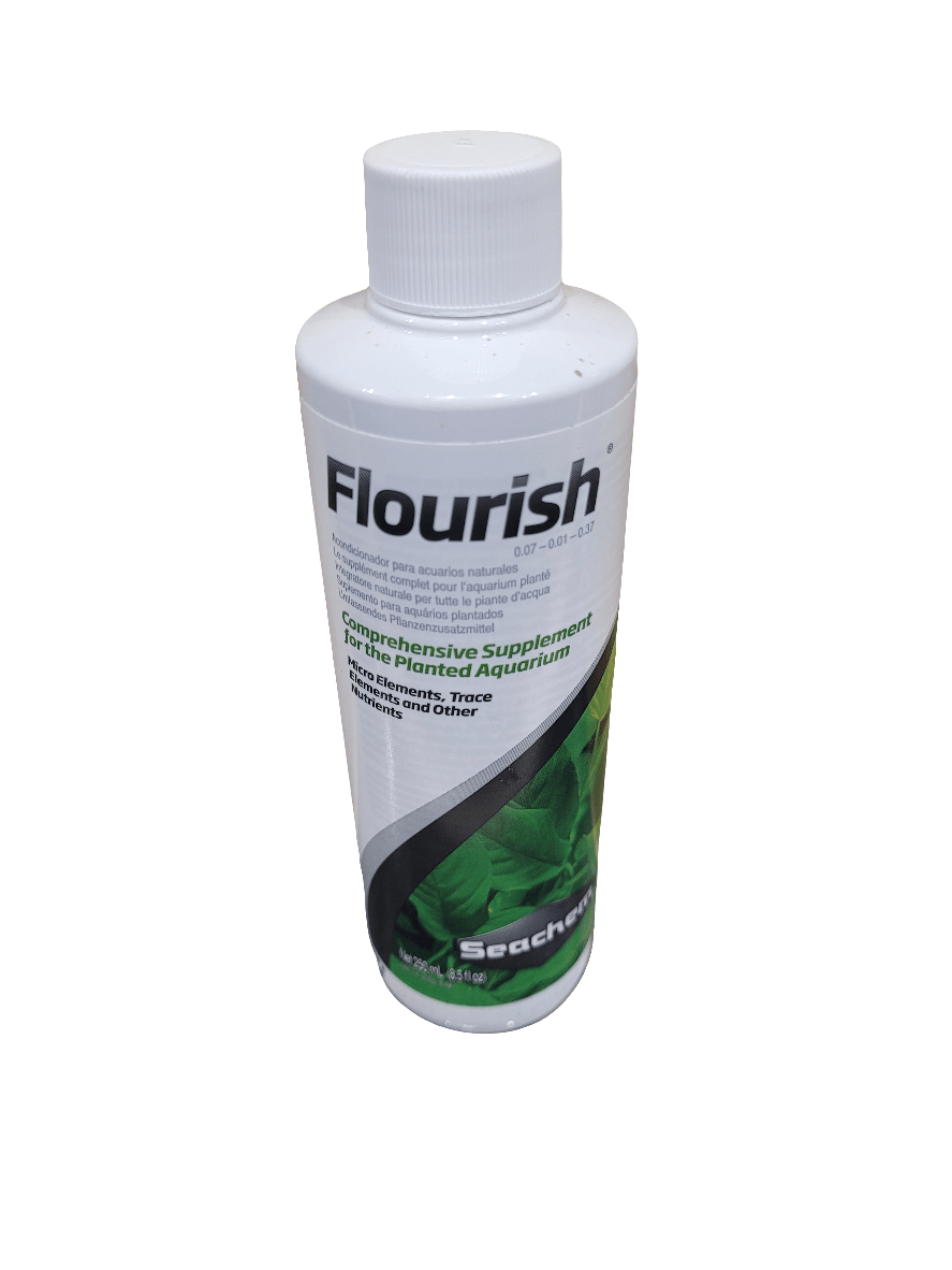 250ml bottle of Seachem - Flourish, a comprehensive supplement for planted aquariums, featuring detailed product labeling and an image of lush green aquatic plants.