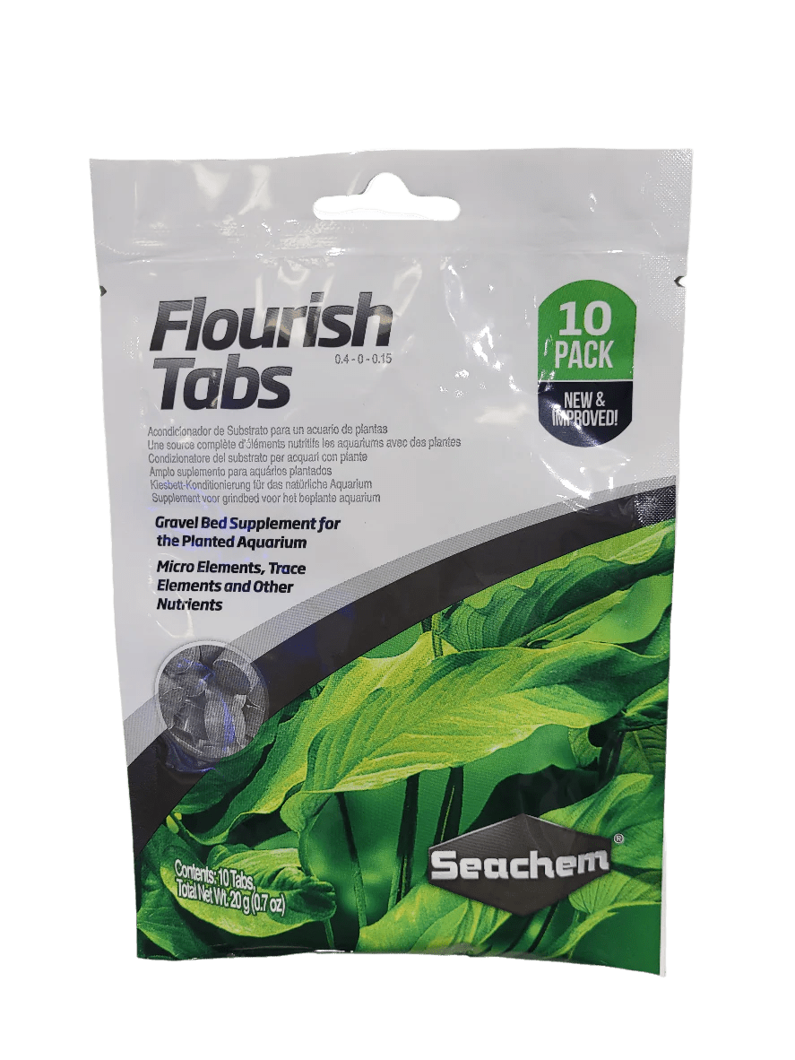 Image of the Seachem - Flourish Tabs - 10ct package. It is designed as a set of 10 gravel bed supplements for planted aquariums, delivering micro elements and trace nutrients. The packaging predominantly features white and green colors, with a transparent section displaying a tablet.