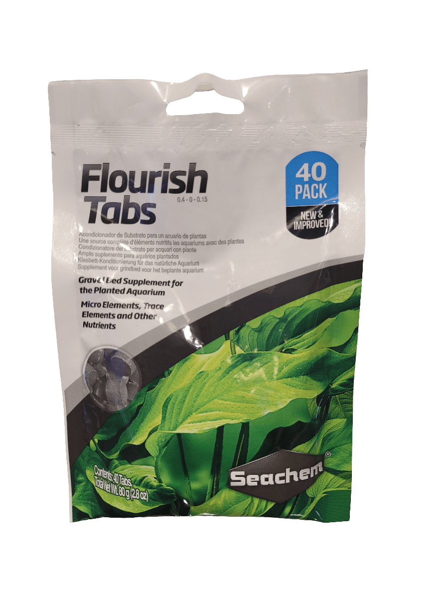 Seachem - Flourish Tabs - 40ct, a supplement package designed for planted aquariums, showcases a label with a vibrant green plant image and highlights benefits such as promoting growth and providing nutrient support.