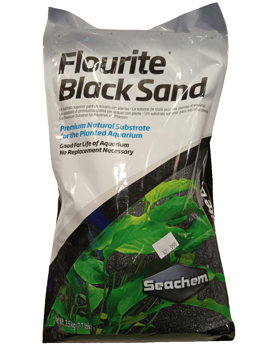 Seachem - Flourite Black Sand - 3.5kg is a natural substrate designed for planted aquariums, featuring black and white packaging with green accents and images of aquatic plants. It weighs 3.5 kg (7.7 lbs) and is priced at $21.99.