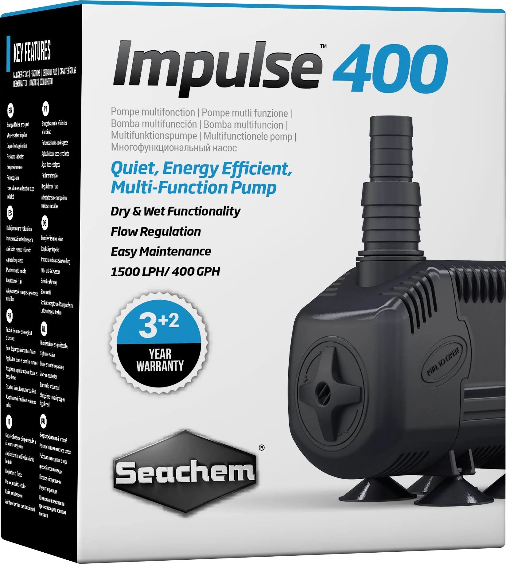 The product packaging for the Seachem - Impulse 400 gph Pump showcases its quiet operation, energy efficiency, adjustable flow regulation, and easy maintenance features. It boasts a capacity of 1500 LPH/400 GPH and comes with a warranty of 3+2 years. The box also features an image of the pump.