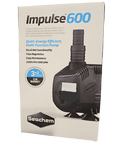 Packaging of the Seachem - Impulse 600 gph Pump. Features highlighted include its quiet and energy-efficient operation, dual dry and wet functionality, adjustable flow regulation, easy maintenance, and a comprehensive 3+2 year warranty.