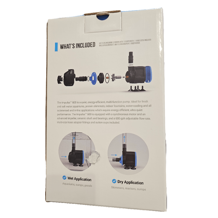 The image displays the back of the Seachem - Impulse 600 gph Pump box. It features a diagram titled "What's Included," illustrating different components of the pump and its uses in both wet and dry settings, including aquariums and reactors.