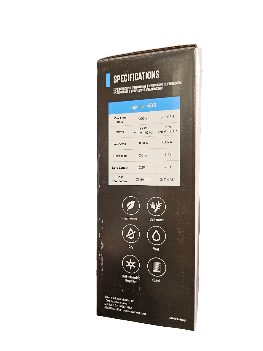 Box displaying the specifications for the Seachem - Impulse 600 gph Pump, including a maximum flow rate of 2200 liters per hour, a power rating of 32 watts, and dimensions suitable for both freshwater and saltwater applications. Manufactured in Italy, it includes icons representing various conditions and comes equipped with a self-cleaning impeller.