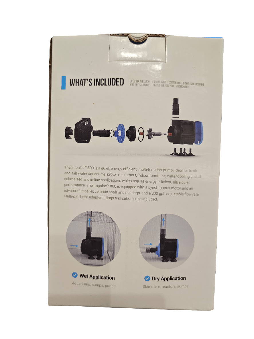 The image features the packaging of the Seachem - Impulse 800 gph Pump with various attachments. Above an exploded diagram that details the components, the section "What's Included" is displayed. Inset images show both wet and dry applications, suitable for aquariums, sumps, and other uses.