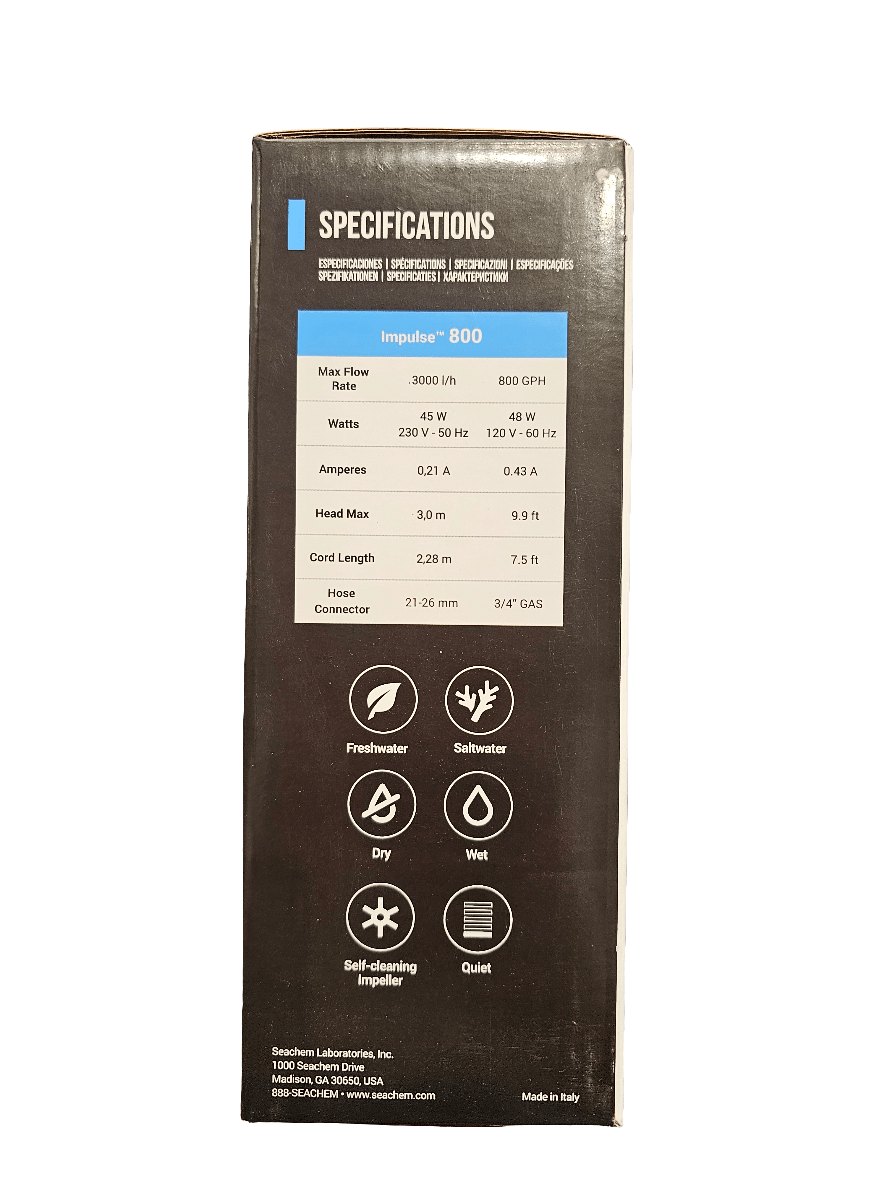 The image features a product box with specifications for the Seachem - Impulse 800 gph Pump. It displays details such as maximum flow rate, power, maximum head, and hose connector size. The icons suggest it is compatible with freshwater and saltwater environments, can operate in both dry and wet conditions, and includes self-cleaning capabilities.