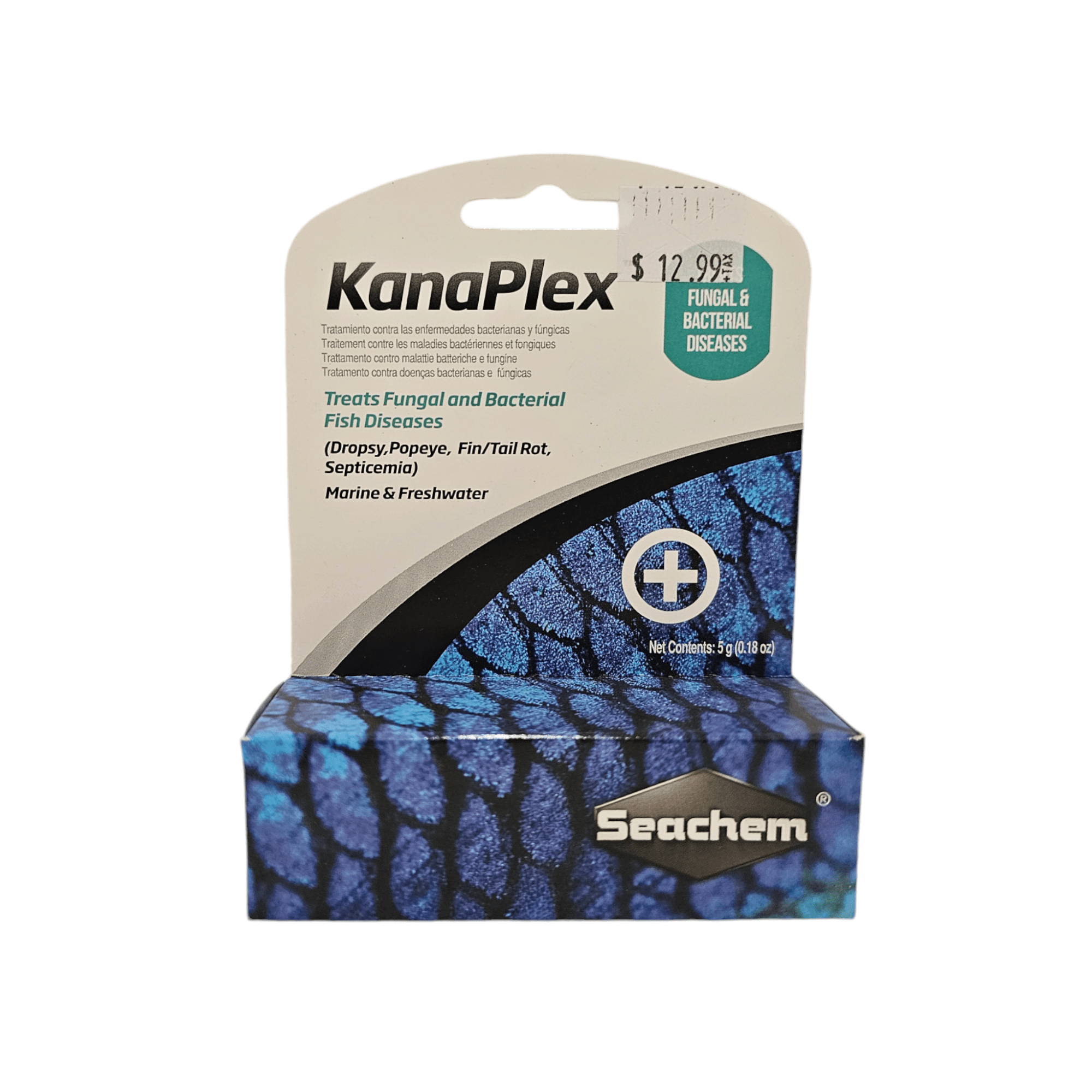 The image displays a Seachem KanaPlex package, labeled for use in both marine and freshwater aquariums to treat fungal and bacterial fish diseases. This 5 gram (0.18 oz) product is priced at $12.99.