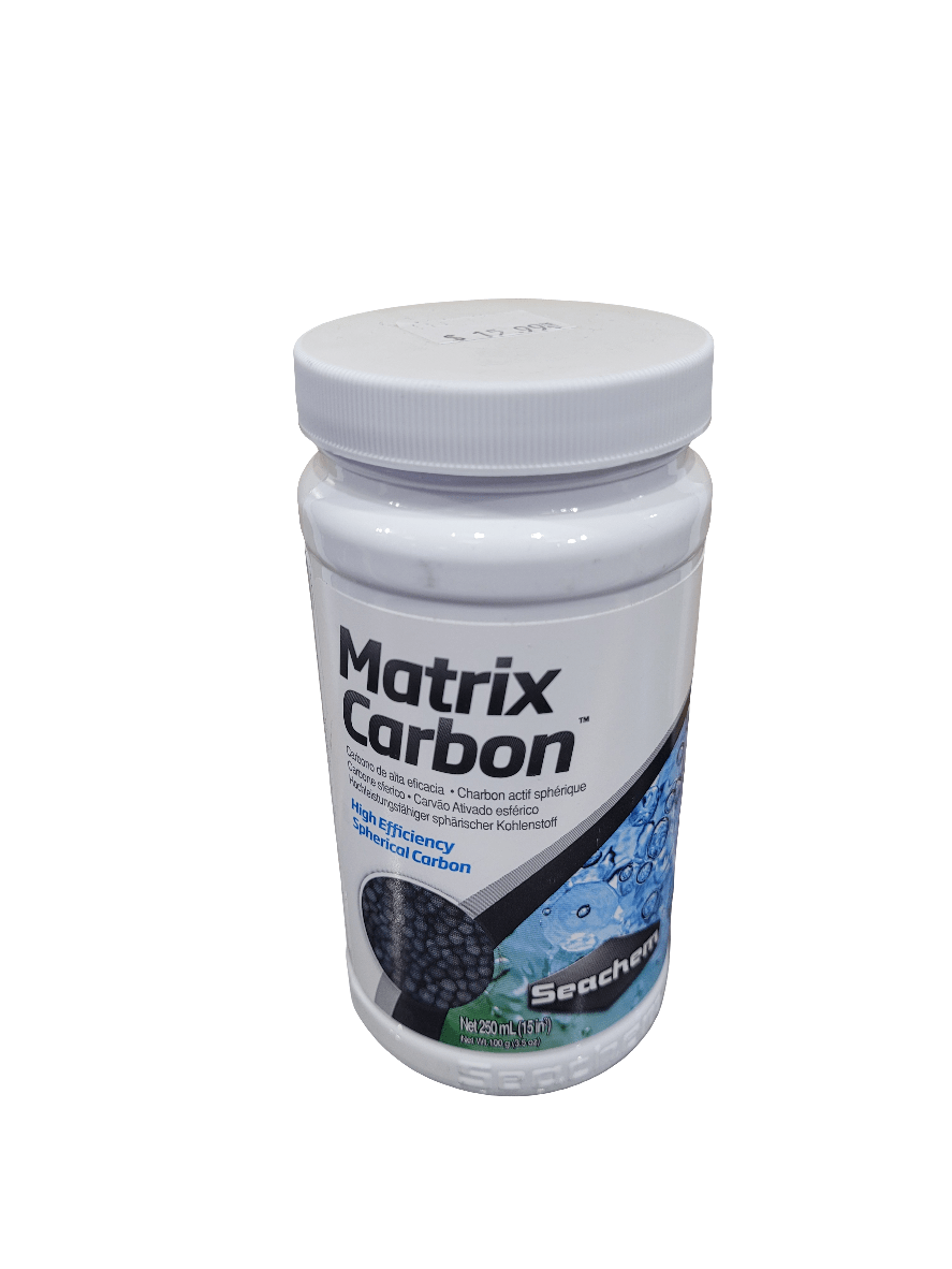 A white container of Seachem - Matrix Carbon - 250ml, featuring a blue label with text describing it as a high-efficiency chemical carbon. The container is equipped with a white screw-on lid.