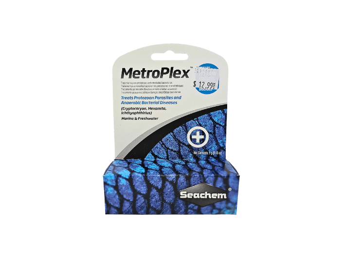 Package of Seachem - MetroPlex - 5g. The box features a blue color with a textured pattern and white lettering, with information about its effectiveness against protozoan parasites and bacterial diseases. It is priced at $12.99.