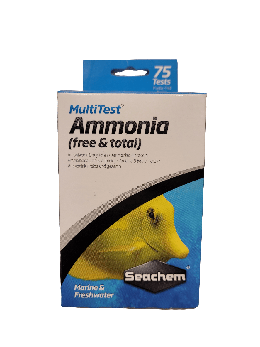 The image displays a box of Seachem - MultiTest Ammonia designed for both marine and freshwater applications. The packaging indicates that it includes 75 tests and showcases an image of a yellow fish on the front.