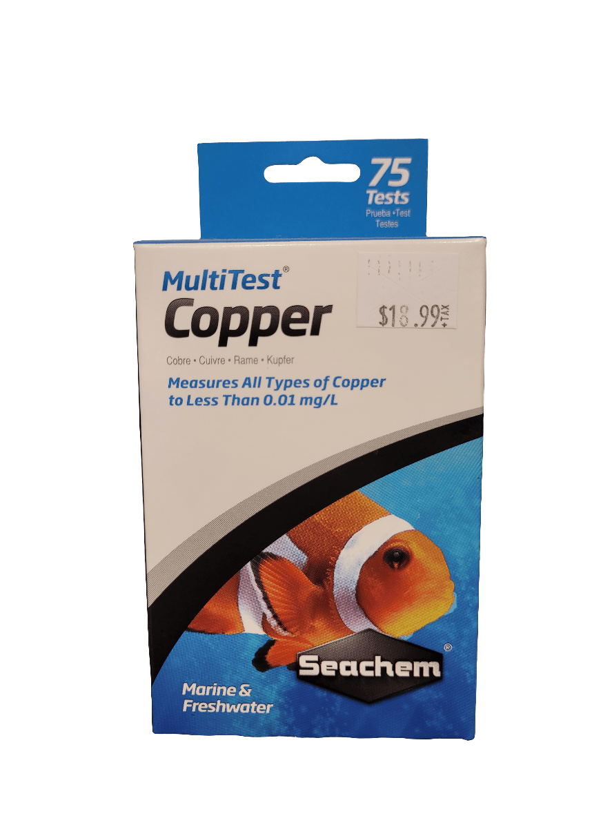 Photograph of the Seachem - MultiTest Copper kit box. The box is blue and white, adorned with a clownfish graphic. It can measure copper levels in both marine and freshwater environments to below 0.01 mg/L precision. A price tag in the top right corner reads $18.99.