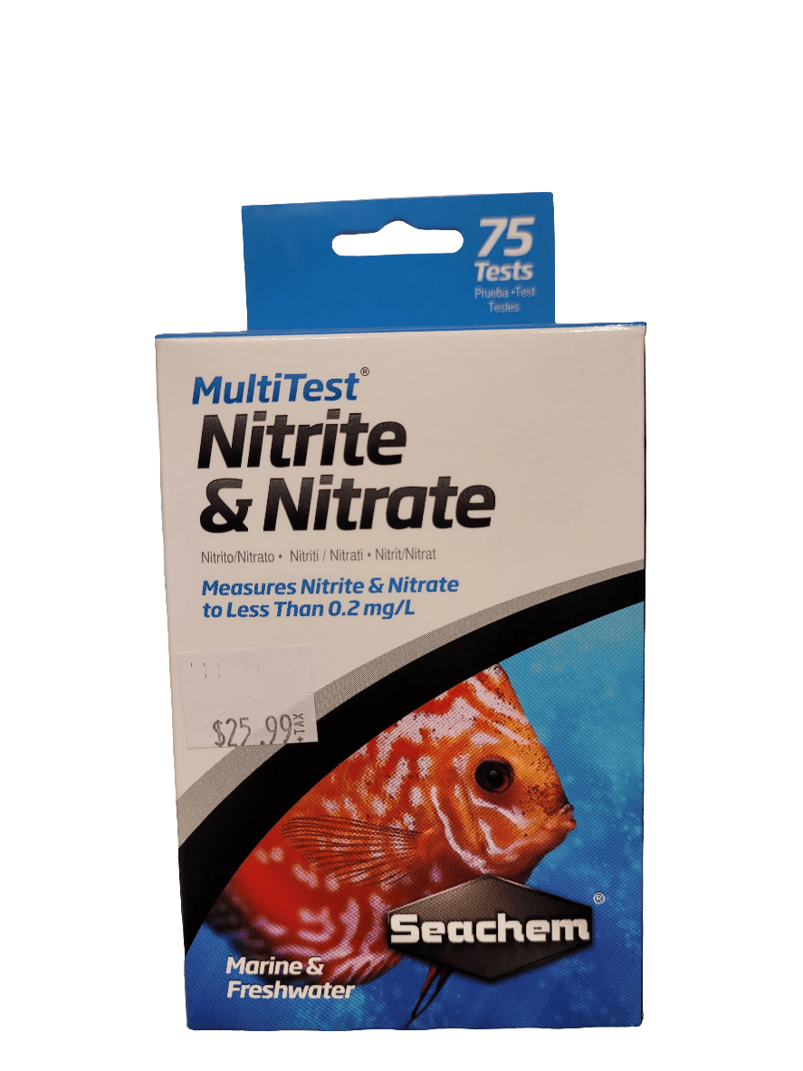 The image displays a box labeled Seachem - MultiTest Nitrite & Nitrate, suitable for both marine and freshwater environments. It offers 75 tests and boasts the ability to measure nitrite and nitrate levels as low as 0.2 mg/L, with a price of $25.99.