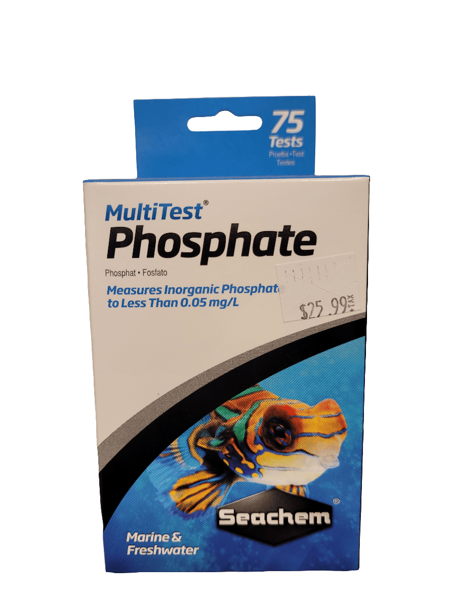 Box of Seachem - MultiTest Phosphate for both marine and freshwater environments, adorned with a vibrant fish illustration. It accurately measures inorganic phosphate concentrations to under 0.05 mg/L. The package provides 75 tests and is available at $25.99.