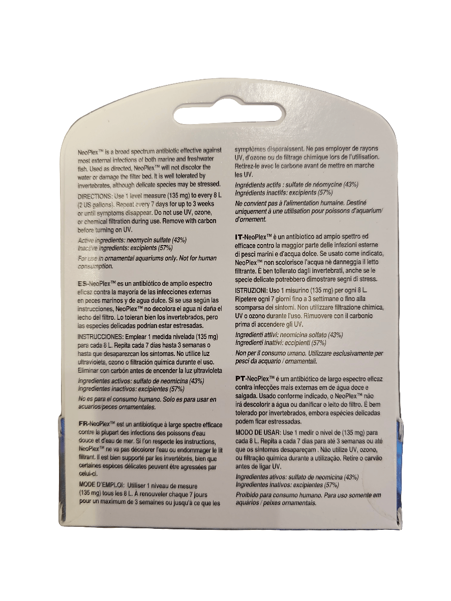 The Seachem - NeoPlex 10g package features a straightforward design with black text on a white background, providing usage directions, details about active ingredients, and warnings against bacterial infections. The information is presented in English, French, and Spanish.